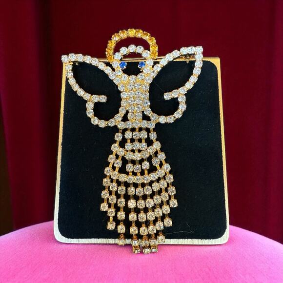 Vintage Angle Shaped Waterfall Dangle Fringe Rhinestones Brooch Pin Gold Toned - Picture 1 of 8